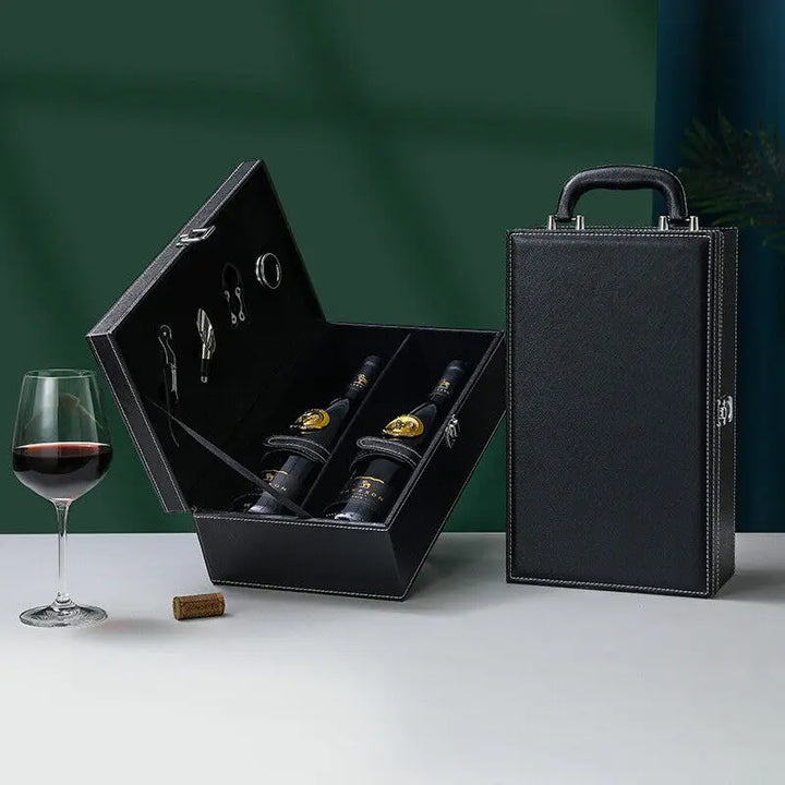 Stylish black luxury wine travel case, secure for 2 bottles and essential accessories.