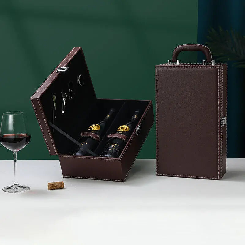 Sophisticated wine bottle carrier, designed for safe transport of wine and tasting tools.