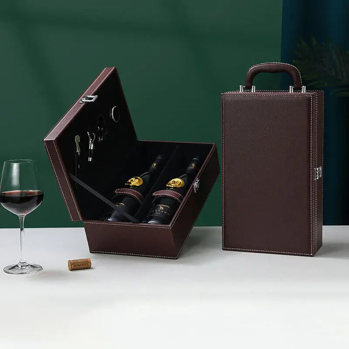 Sophisticated wine bottle carrier, designed for safe transport of wine and tasting tools.