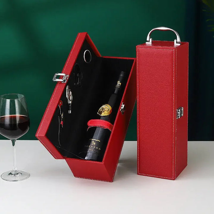 High-end wine box, perfect for gifting, featuring secure slots for bottles and a corkscrew.