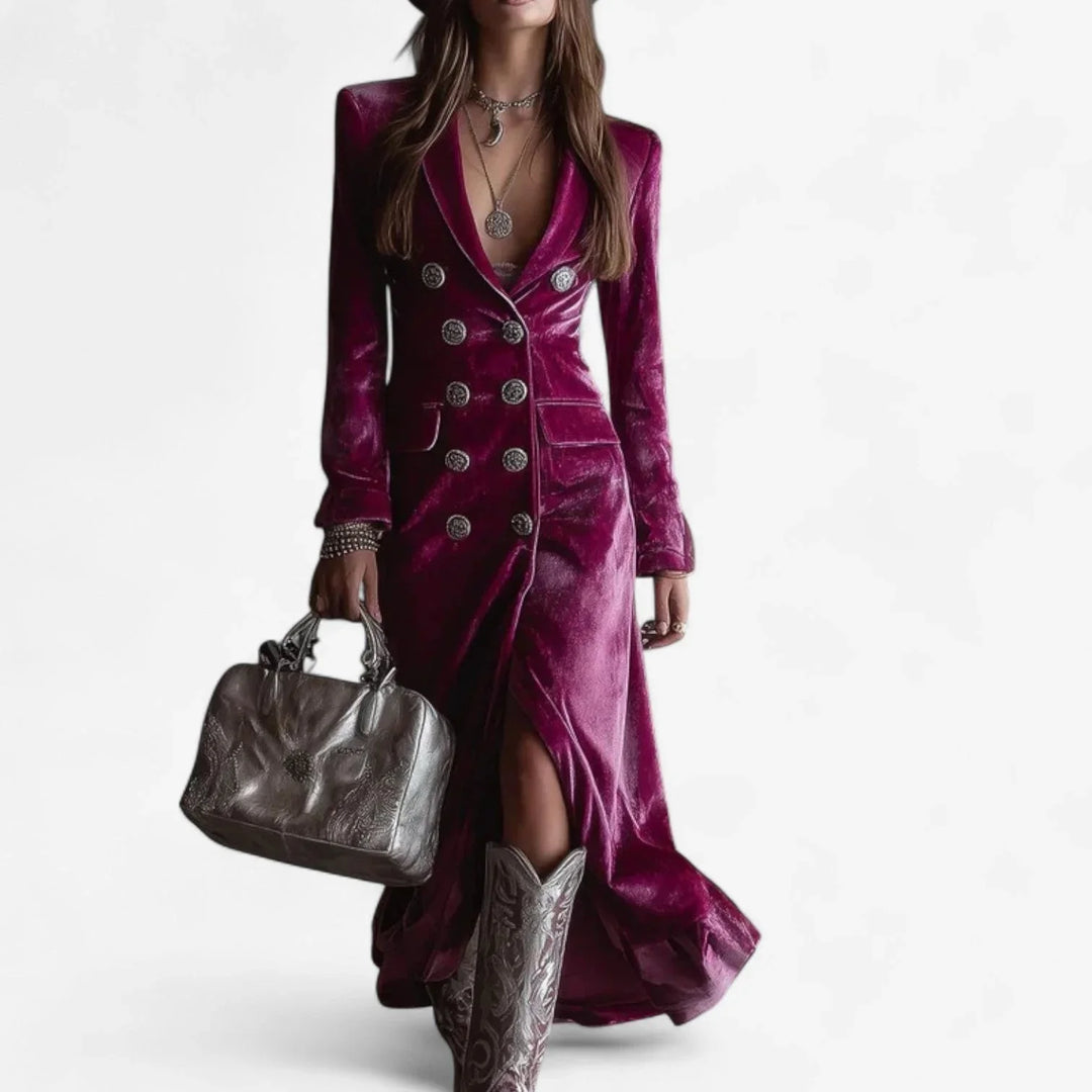 Elegant magenta velvet double-breasted midi dress for women, featuring a lapel collar & stylish side slit. Perfect for evening.