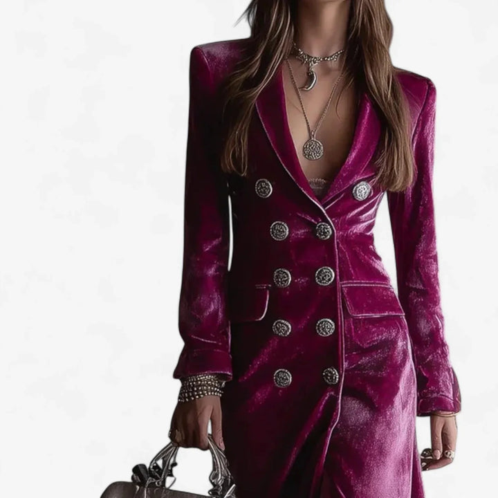 Magenta velvet midi dress for women, elegant double-breasted style, lapel collar, and fashionable side slit detail.
