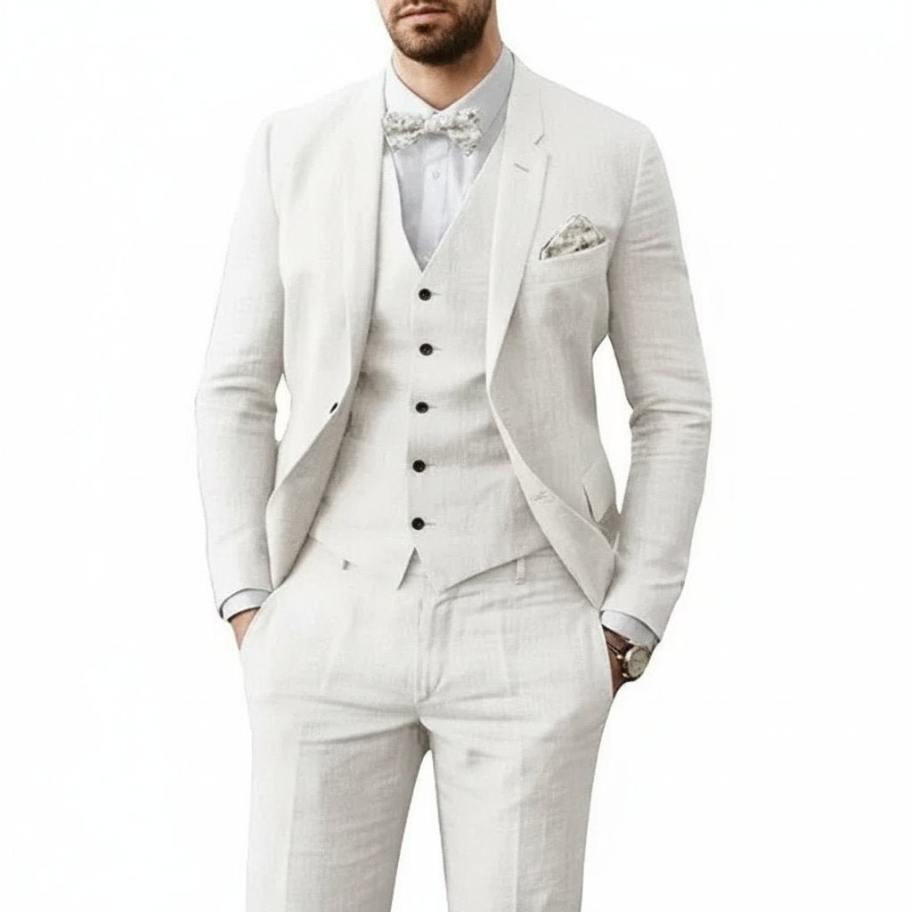 Stylish three-piece men's suit, ideal for weddings, parties, and smart formal wear. Multi-piece groom attire.