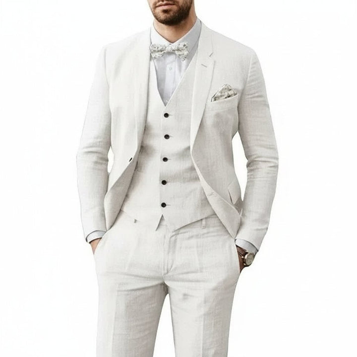 Stylish three-piece men's suit, ideal for weddings, parties, and smart formal wear. Multi-piece groom attire.