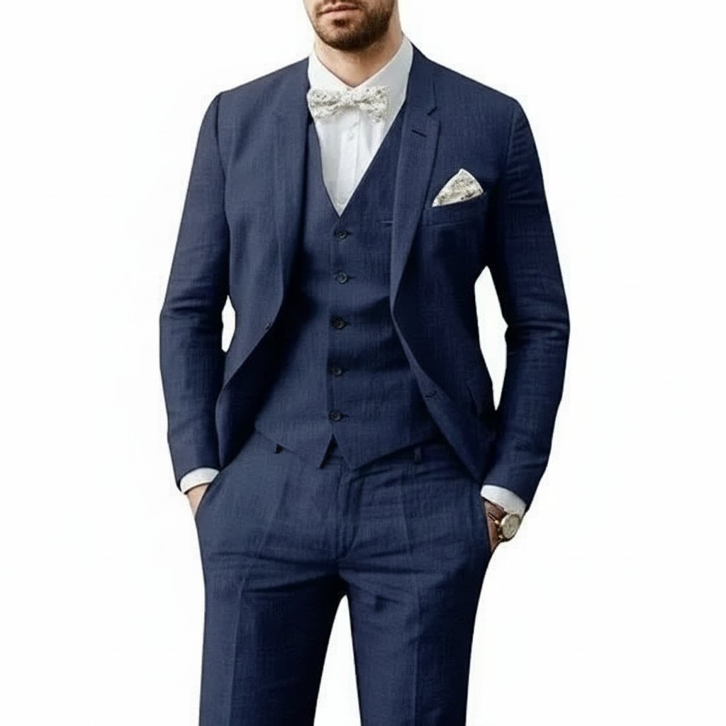 Tailored men's 3-piece wedding suit. Sophisticated formal wear for grooms, business, or special events.