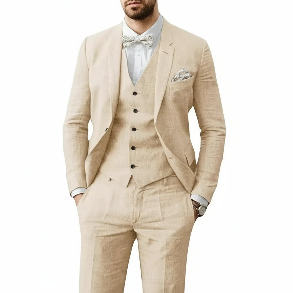 Modern men's 3-piece formal suit. Stylish wedding suit, versatile for parties, events & business casual.
