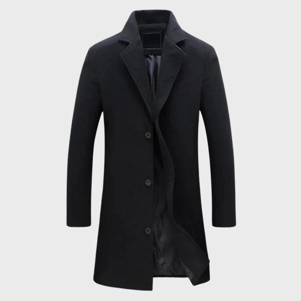 Warm men's long winter overcoat, classic design, ideal for cold weather, versatile formal or casual autumn jacket.