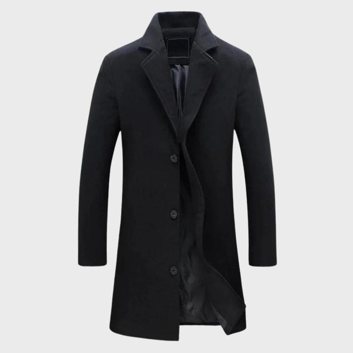 Warm men's long winter overcoat, classic design, ideal for cold weather, versatile formal or casual autumn jacket.