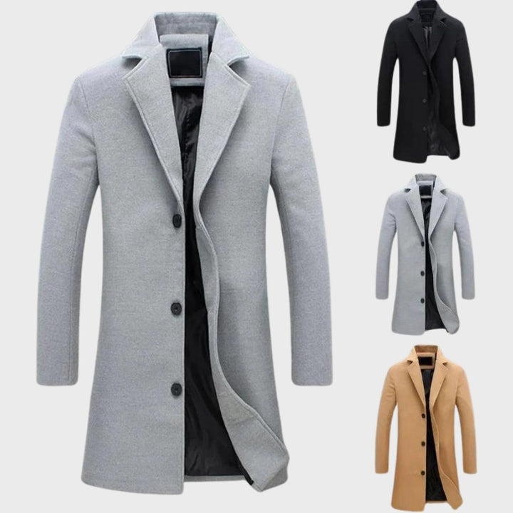 Classic men's long winter coat, warm and comfortable overcoat, perfect for elegant men's fashion and outerwear.