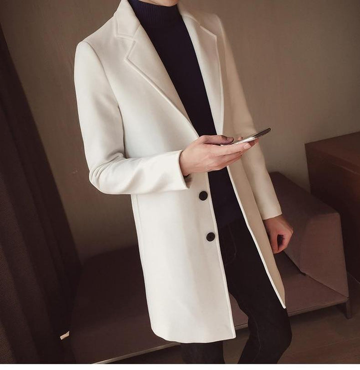 Elegant men's long overcoat, slim fit, classic formal outerwear for sophisticated winter style.