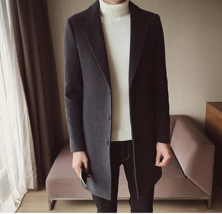 Men's formal long overcoat, slim fit, classic outerwear for a sharp, elegant business look.