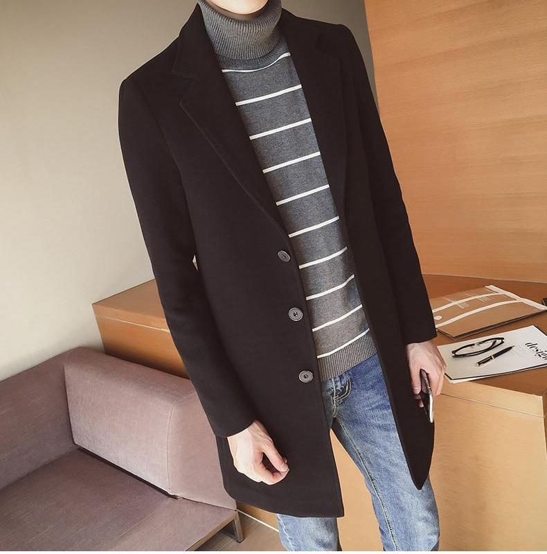 Sophisticated men's slim fit long coat, elegant winter overcoat, ideal for modern men's fashion.