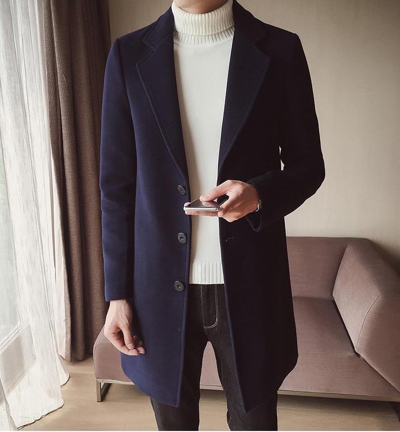 Refined men's slim fit long overcoat, elegant formal outerwear, essential for classic men's fashion.