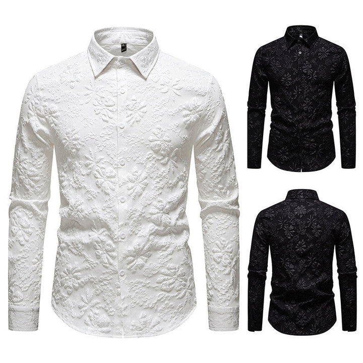 Elegant men's long sleeve button-up shirt with intricate floral embroidery. Stylish for casual or formal wear.