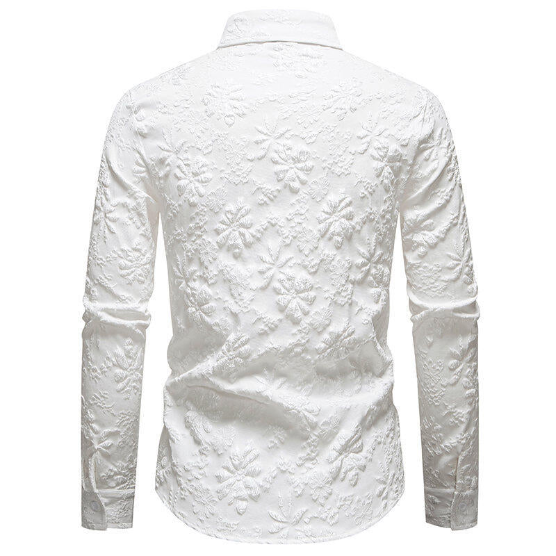 Stylish men's long sleeve floral embroidered button-up shirt. Elegant and versatile for both casual & formal attire.