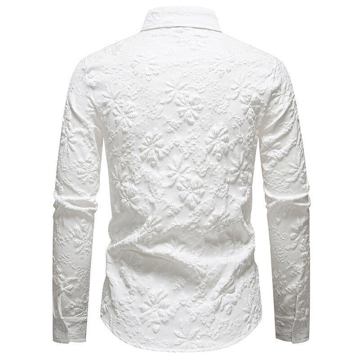 Stylish men's long sleeve floral embroidered button-up shirt. Elegant and versatile for both casual & formal attire.