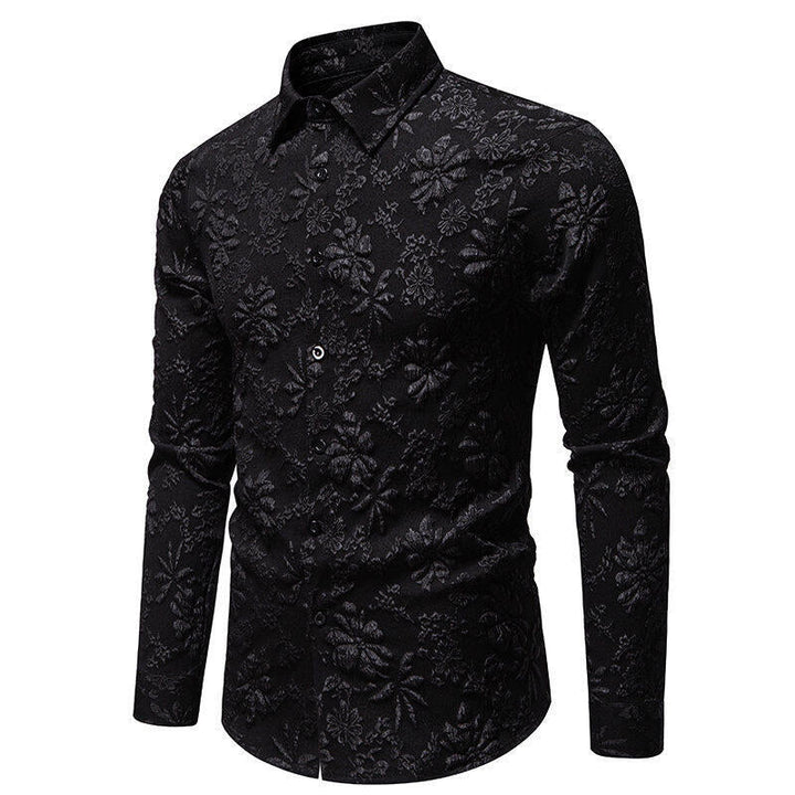 Sophisticated men's long sleeve button-up shirt. Features beautiful floral embroidery, ideal for a stylish look.