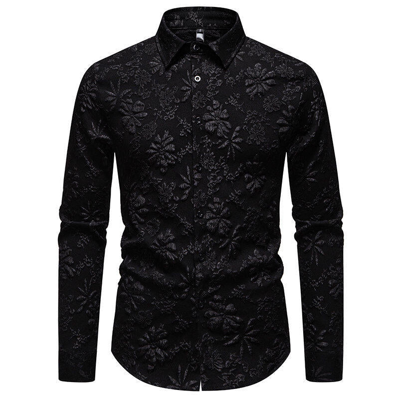 Unique men's floral embroidered long sleeve shirt. Elegant button-up design for modern men's casual or formal fashion.