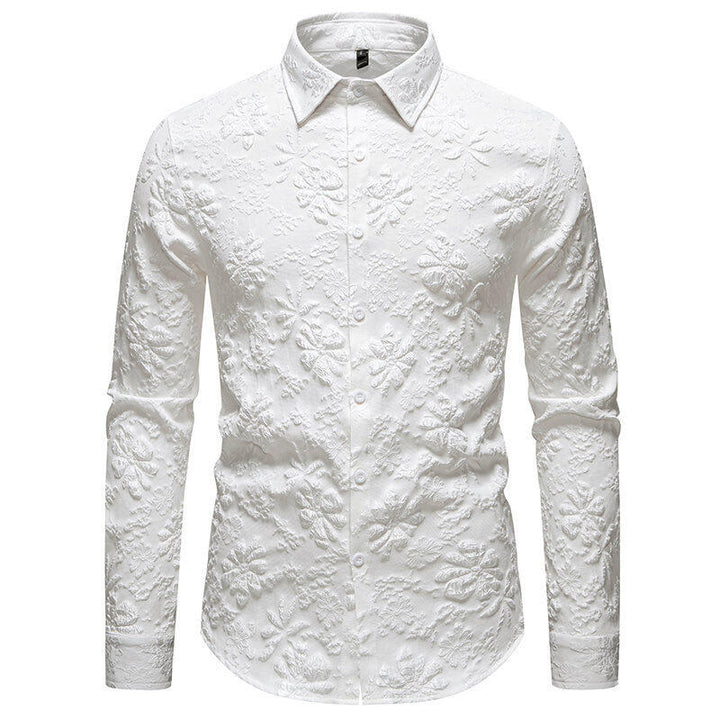 Fashionable men's long sleeve floral embroidered button-up shirt. An elegant and stylish men's top for any occasion.