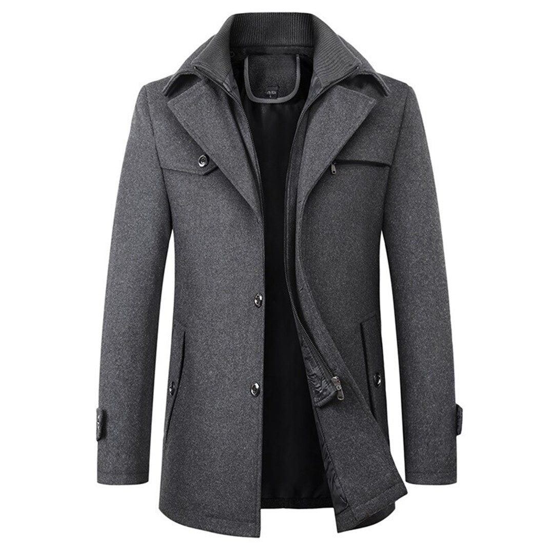 Sophisticated men's long trench coat in a classic design, ideal elegant outerwear for cold weather and winter jackets.