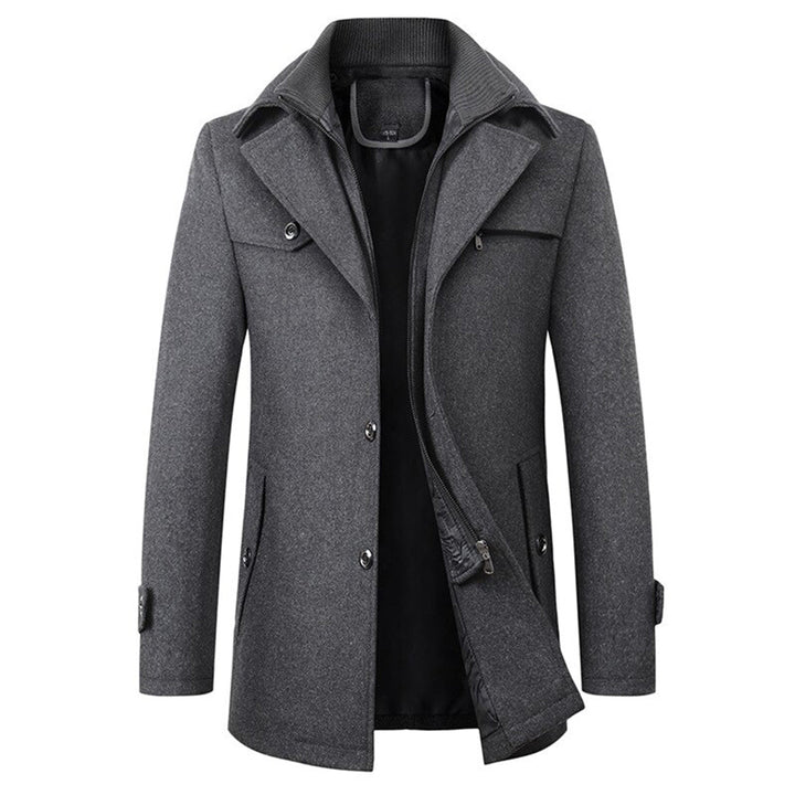 Sophisticated men's long trench coat in a classic design, ideal elegant outerwear for cold weather and winter jackets.