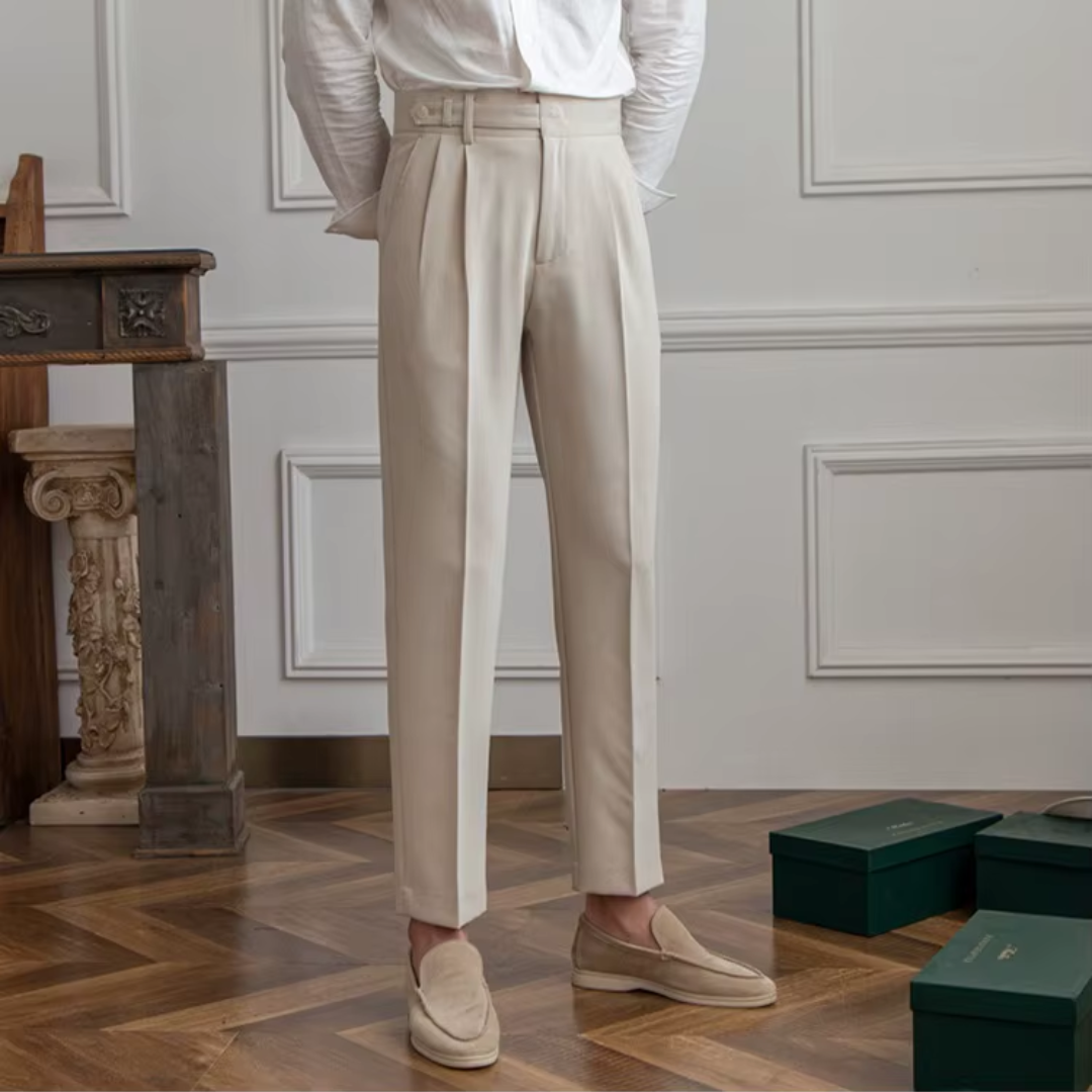 Elegant men's pleated dress trousers, perfect for formal or smart business casual modern style.