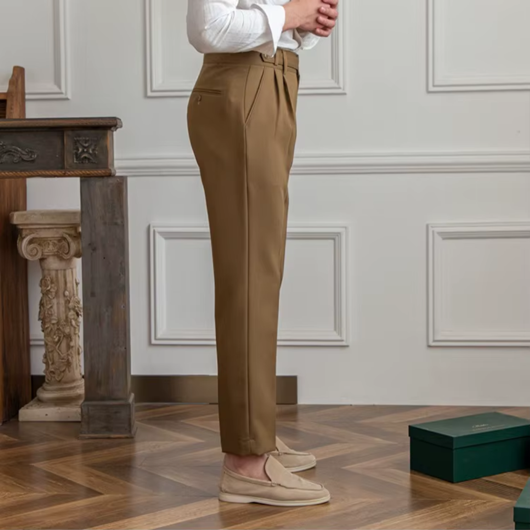Modern pleated chino trousers for men, blending casual comfort with elegant business style.