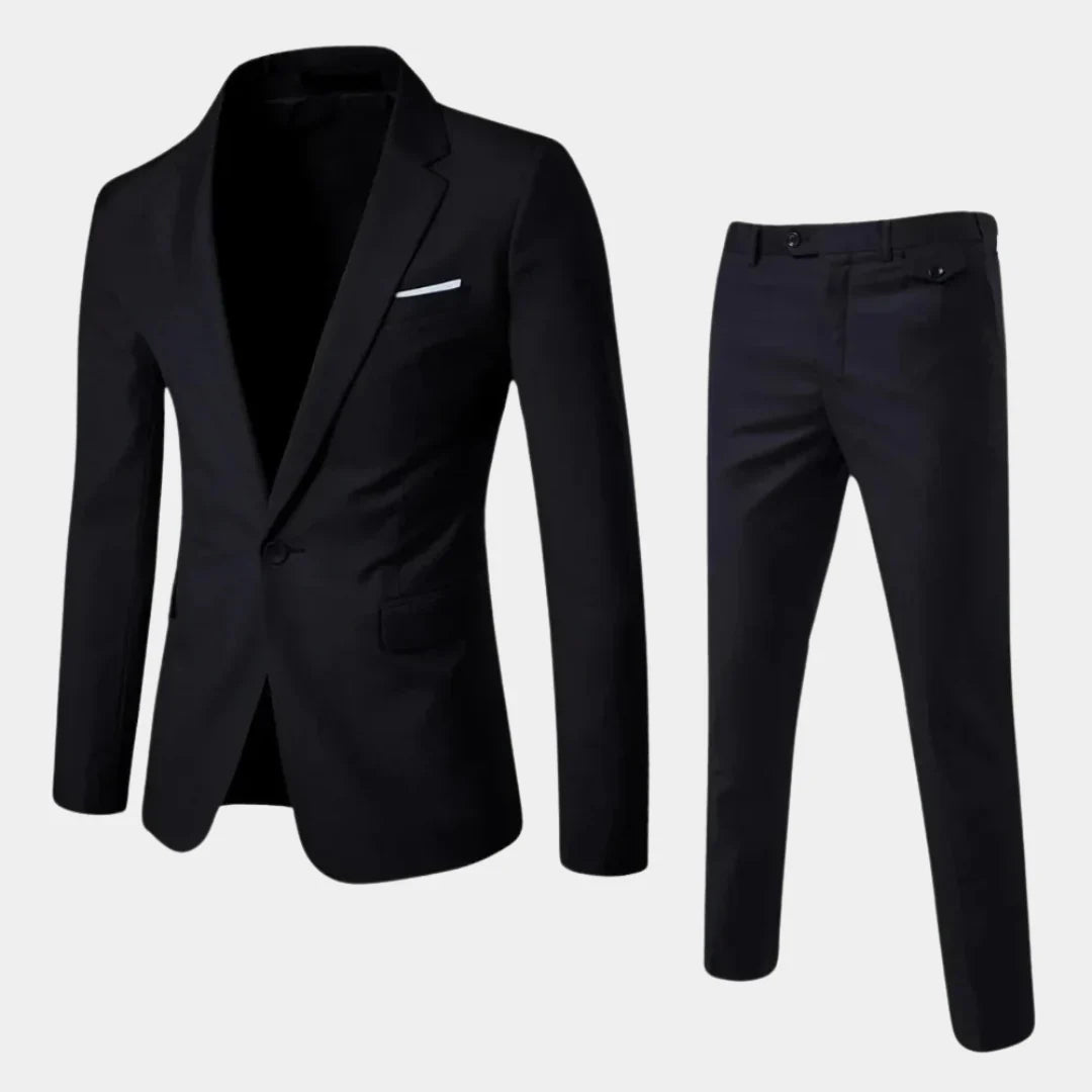 Elegant men's slim-fit suit with tailored blazer and trousers, perfect for formal occasions & business wear.