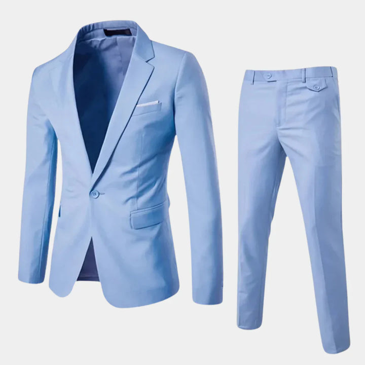 Classic men's suit featuring a sophisticated blazer and well-fitted trousers for versatile formal wear.