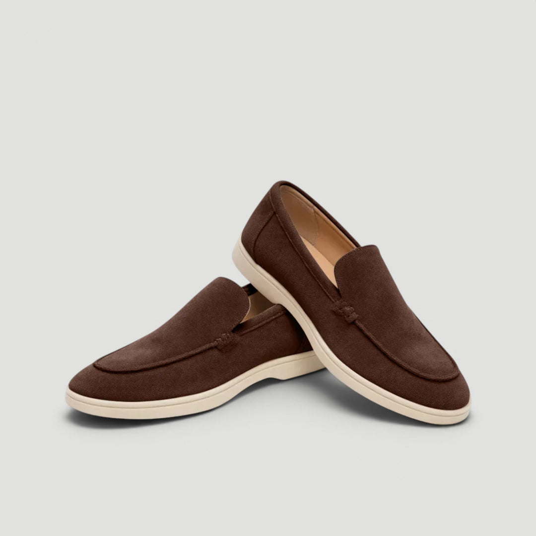 Full view of elegant men's summer loafers. Comfortable slip-on shoes for sophisticated smart casual fashion.