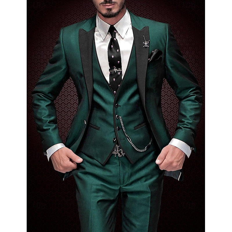 Close-up of a classic men's three-piece suit, showing tailored fabric texture and fine stitching for an elegant look.