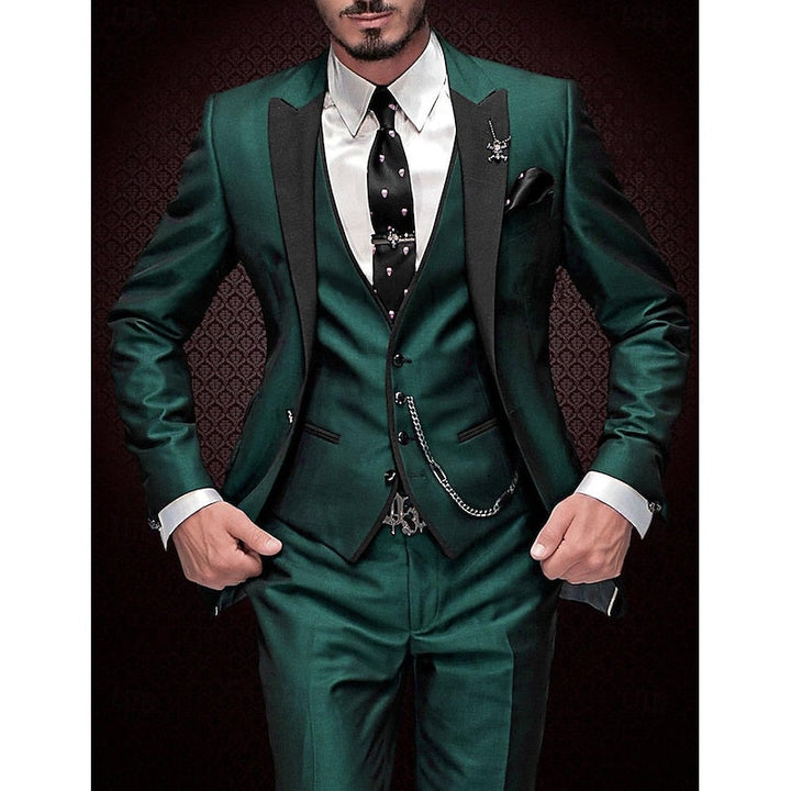 Close-up of a classic men's three-piece suit, showing tailored fabric texture and fine stitching for an elegant look.