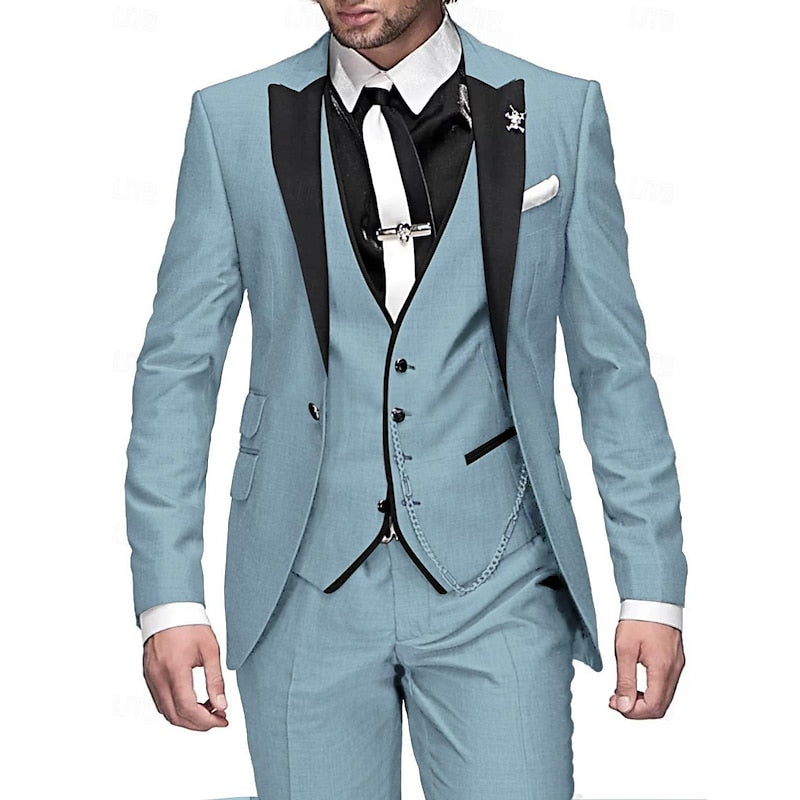 Premium men's three-piece suit, tailored for comfort & style. Features a sharp blazer, vest & matching trousers.