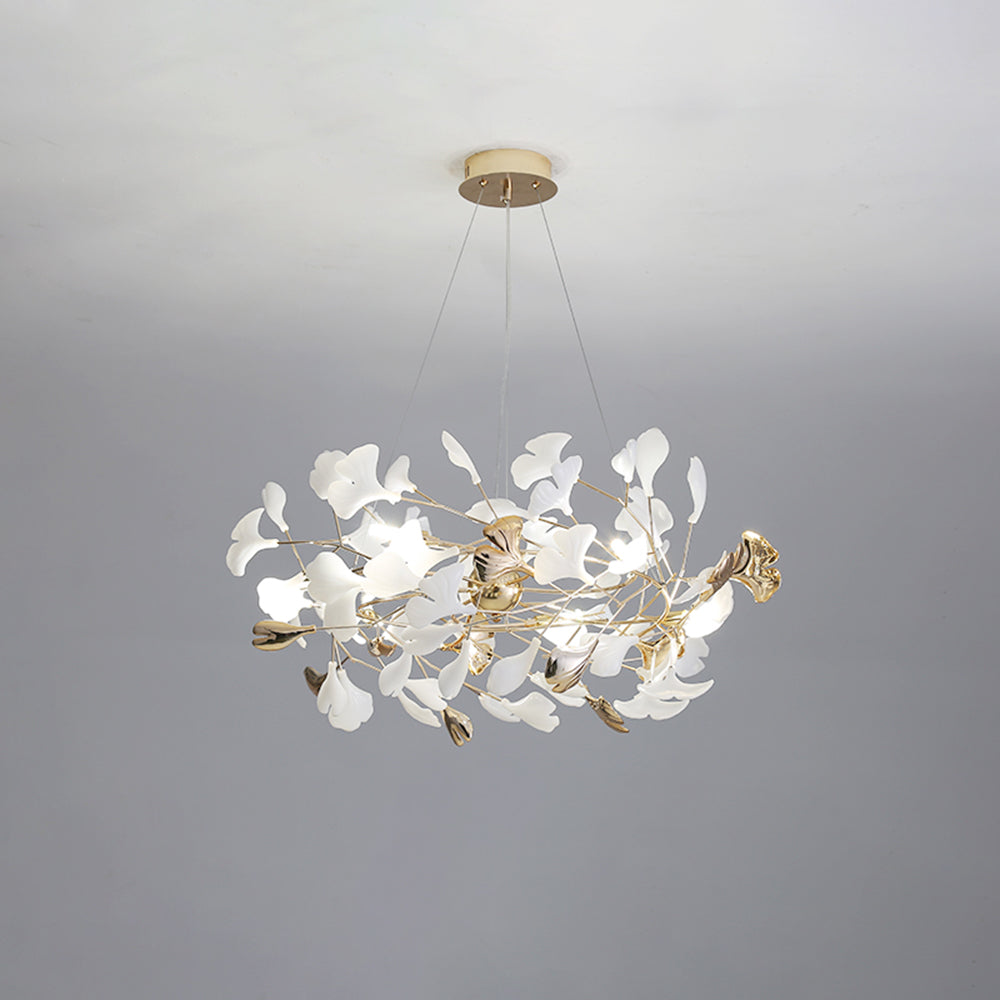 Adjustable Merrlian LED chandelier, sculptural design in gold & white for living rooms.