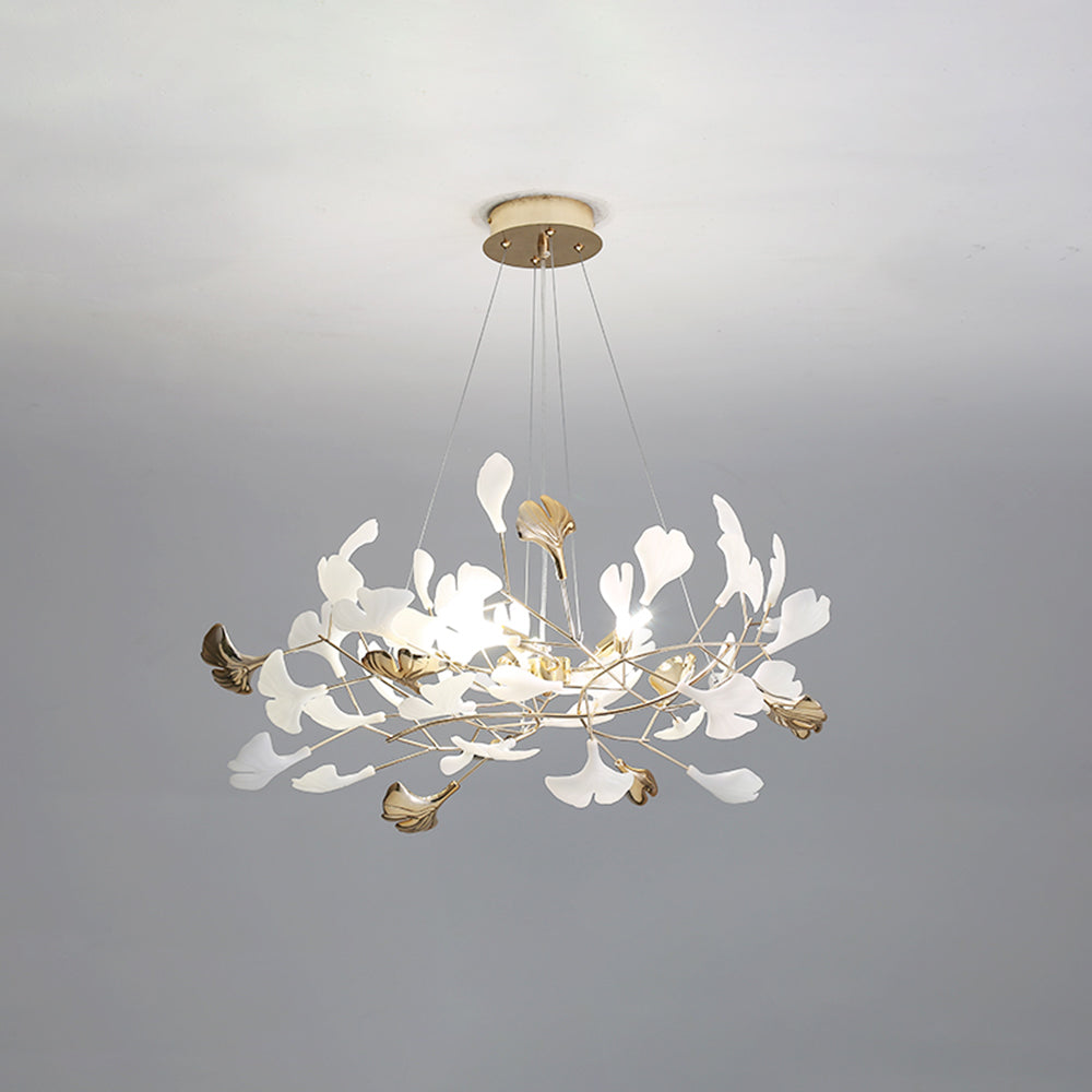 Modern LED chandelier, gold & white Merrlian design, adds elegance to homes.