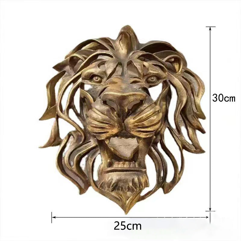 Decorative metal lion head, ideal as a focal point for elegant living room wall decor.