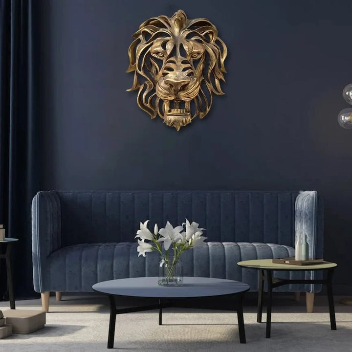 Handcrafted metal lion head wall ornament, perfect for a sophisticated home decor accent.