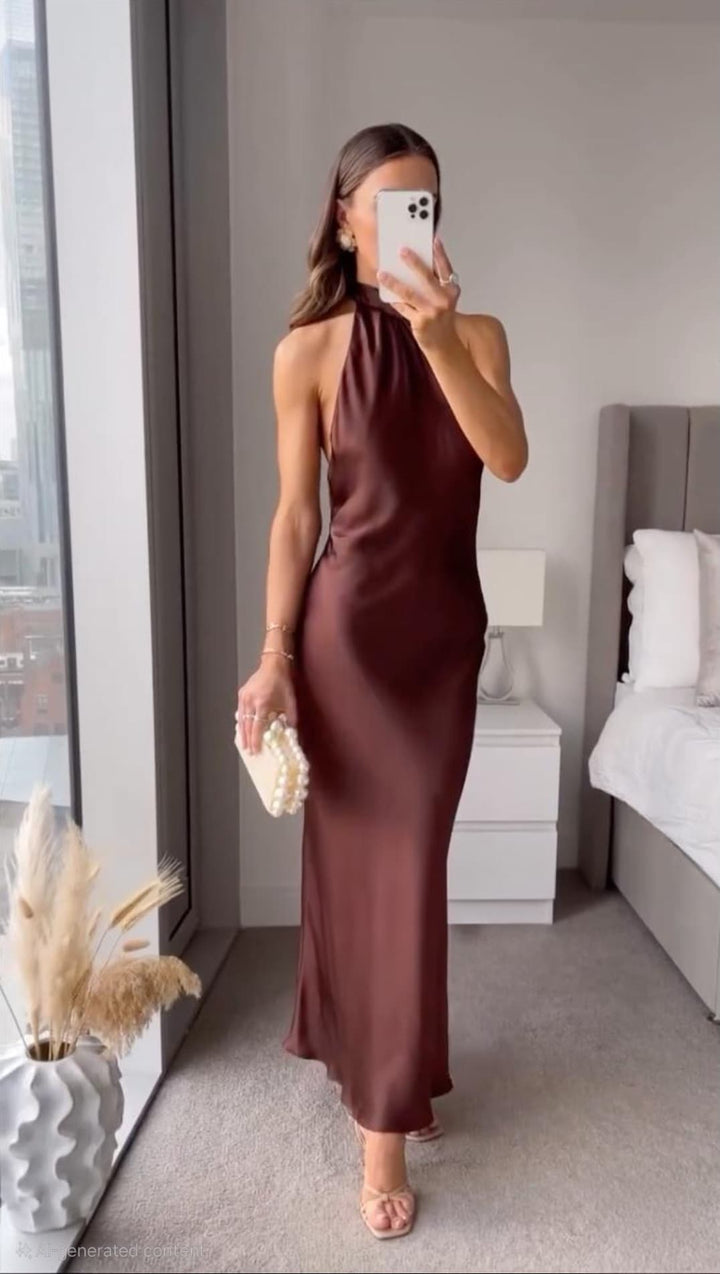 Elegant mocha midi dress for women, perfect for evening wear or special occasions. Sophisticated party dress.