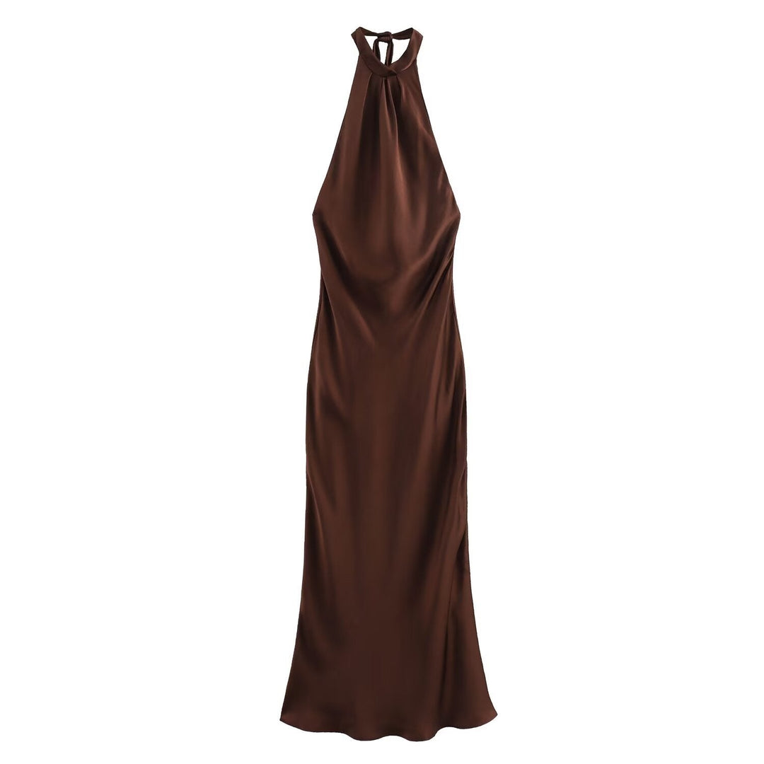Sophisticated women's mocha midi dress with halter neck. Ideal elegant evening or party wear for special occasions.