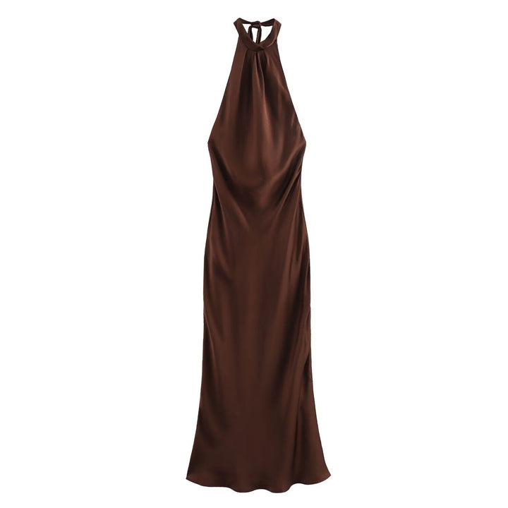 Sophisticated women's mocha midi dress with halter neck. Ideal elegant evening or party wear for special occasions.