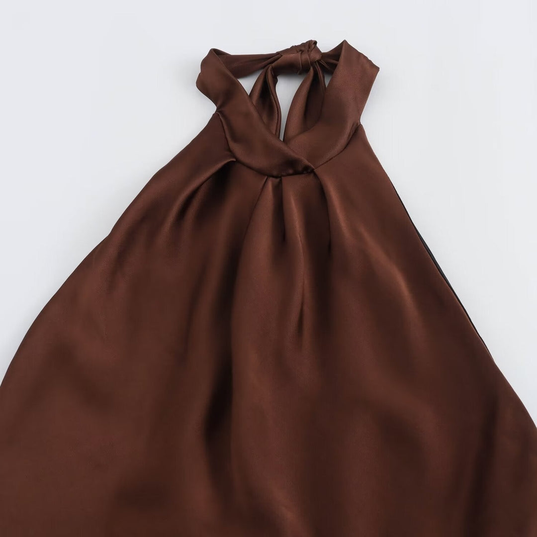 Flowing mocha midi dress for women, featuring a flattering silhouette. Elegant evening wear, perfect for sophisticated parties.