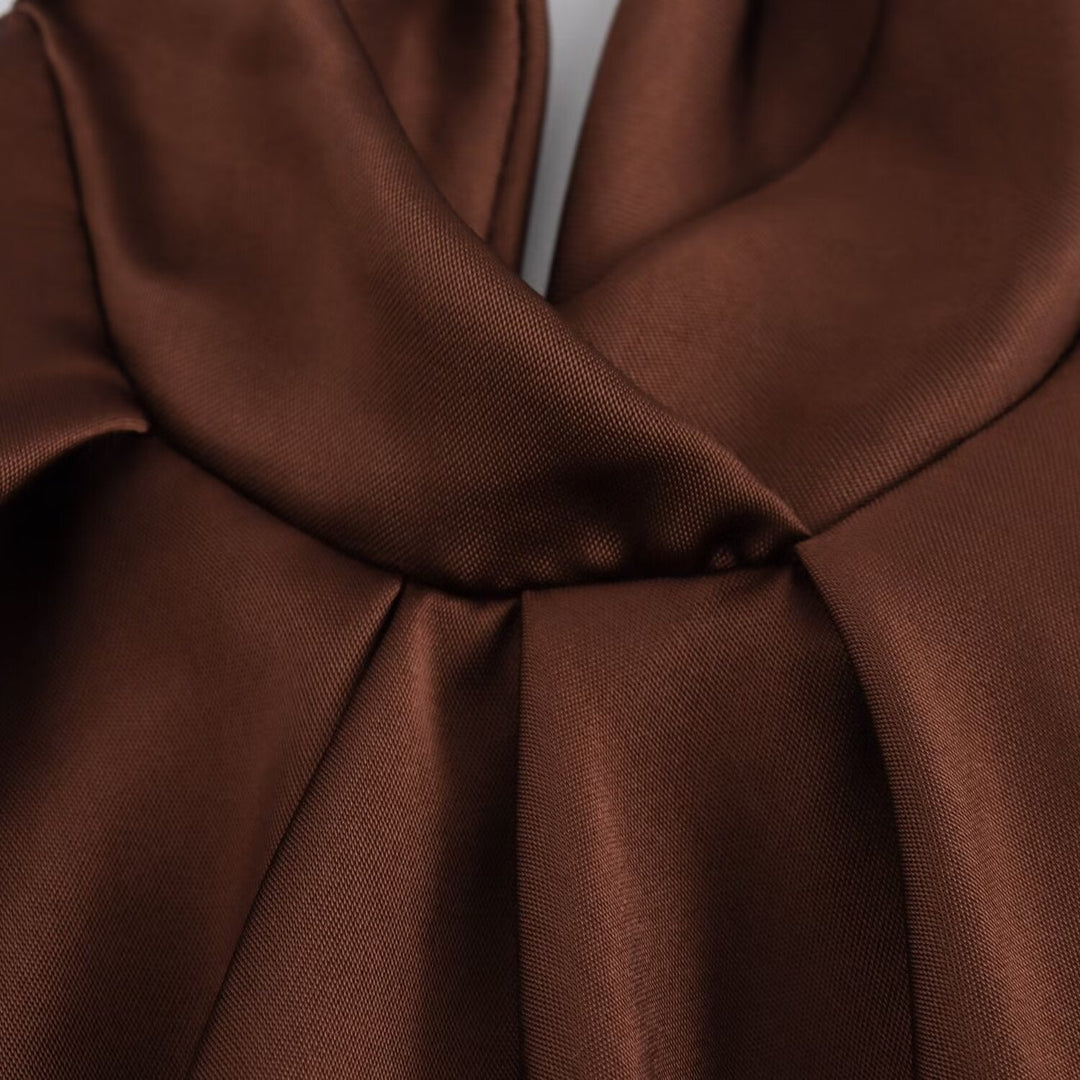 Chic women's mocha midi dress, sophisticated and elegant. Halter neck design for evening parties & special occasions.