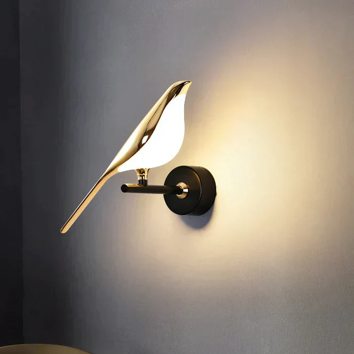 Modern bird-shaped LED wall lamp, perfect ambient lighting for bedroom or living room decor.