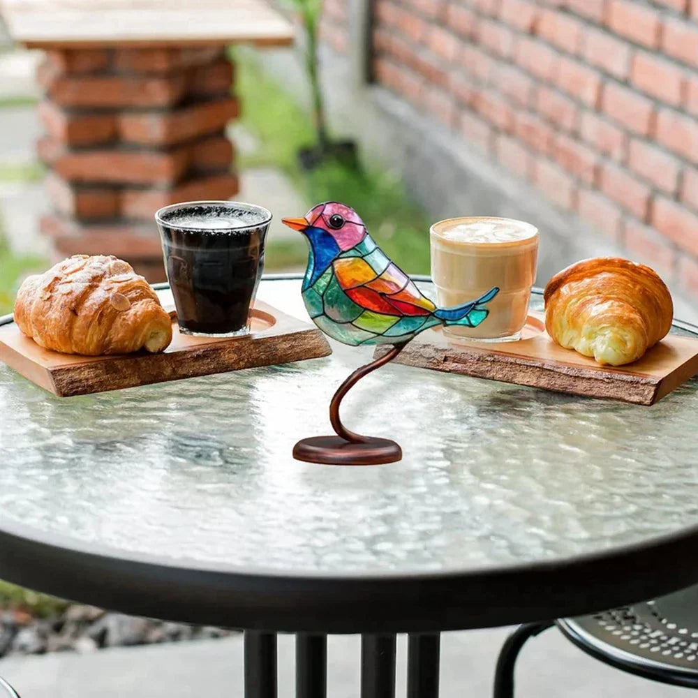 Colorful glass bird art. Modern sculpture for table decor, unique nature-inspired design.