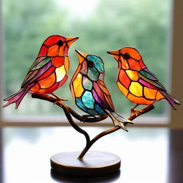 Unique glass bird table art. A colorful modern sculpture, perfect gift & home accent.