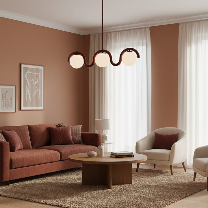 Minimalist linear pendant, modern living room.