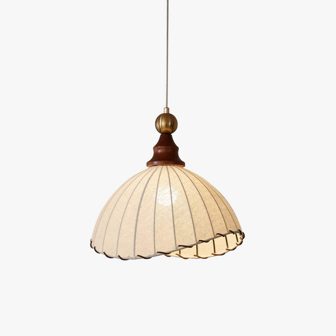Chic ceiling lamp, adjustable, with an elegant fabric shade, gold highlights, and wood base.