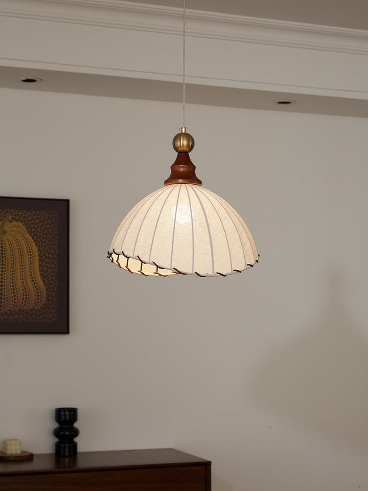 Ceiling lamp, elegant design, fabric shade, gold accent, wood details, ideal for modern homes.