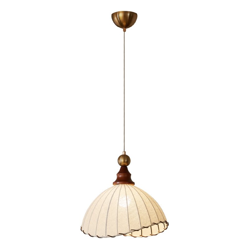 Sophisticated ceiling pendant, modern design, fabric shade, gold accent, and warm wood details.