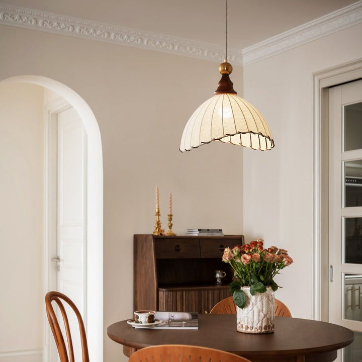 Modern ceiling lamp, fabric shade, gold accent, wood details – adds timeless elegance to any room.